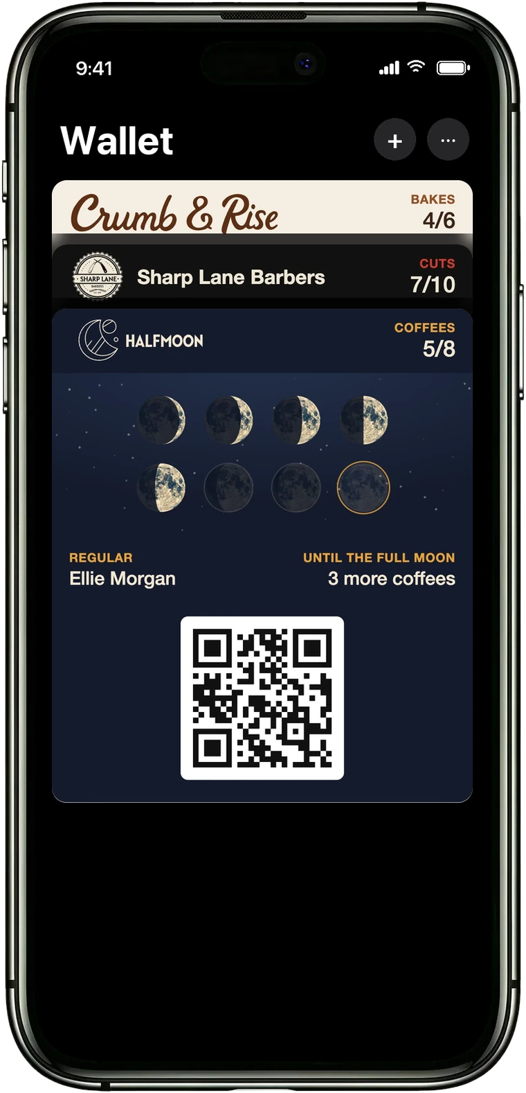 Three example loyalty cards in Apple Wallet on an iPhone