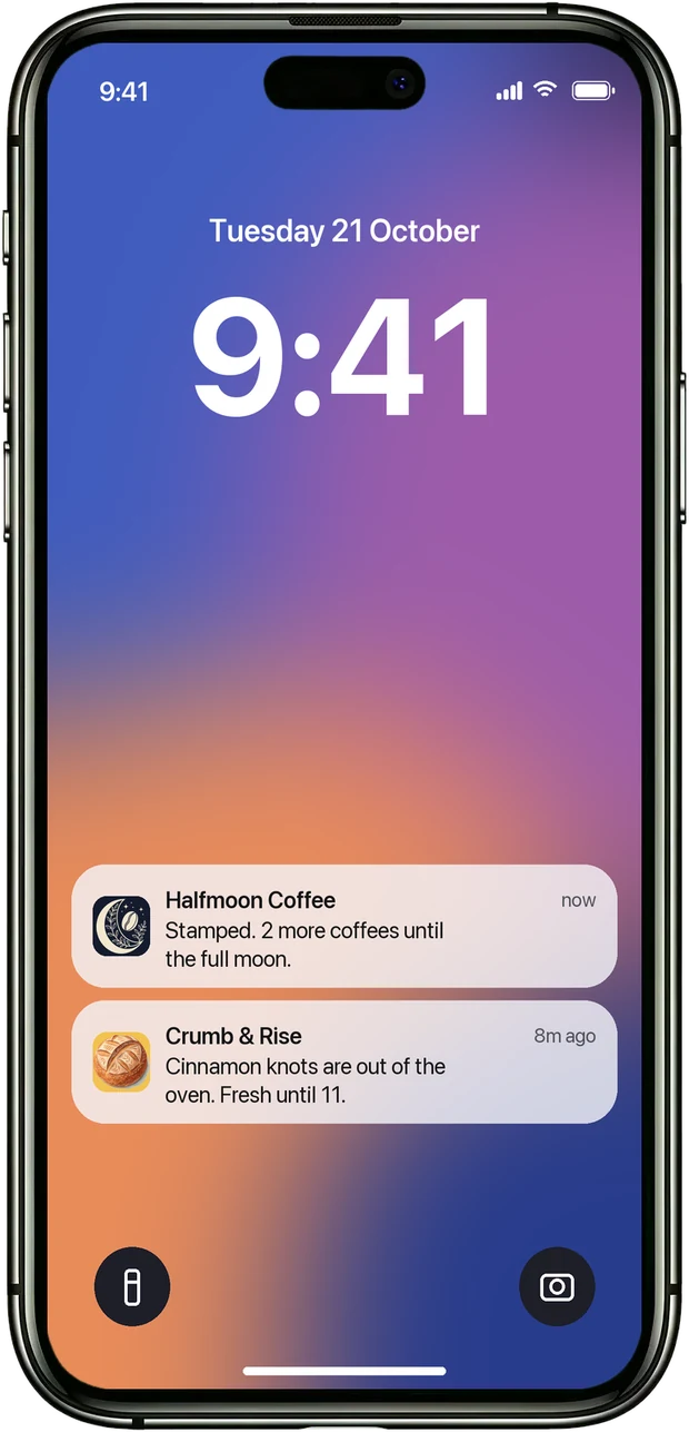 An iPhone lock screen with notifications from the Halfmoon Coffee and Crumb & Rise cards