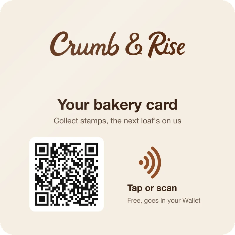 The Crumb & Rise tap plate: logo, a QR code and a tap symbol