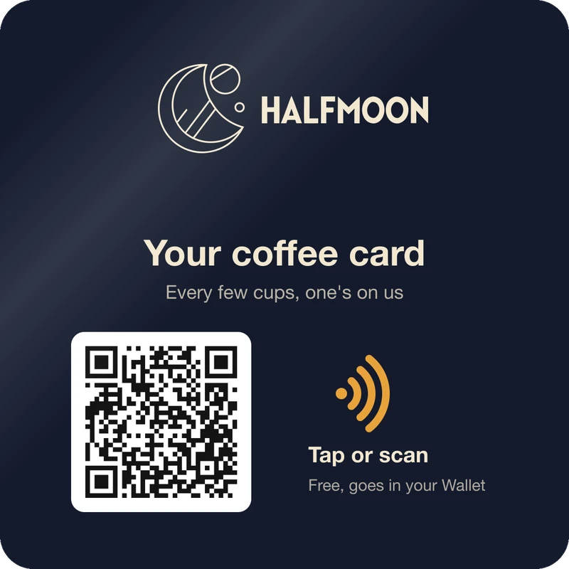 The Halfmoon Coffee tap plate: logo, a QR code and a tap symbol