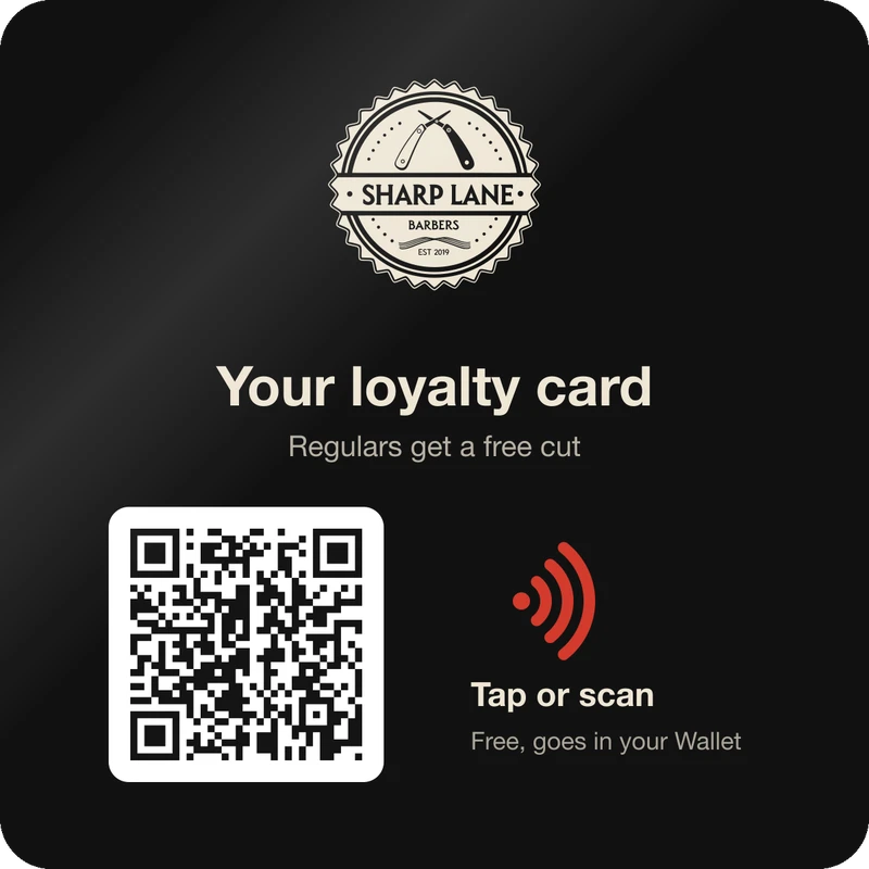 The Sharp Lane Barbers tap plate: logo, a QR code and a tap symbol