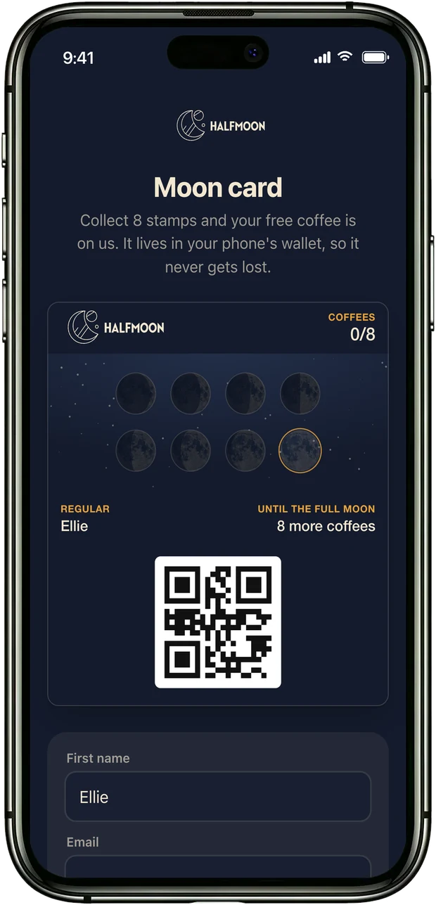 The join page: the card they will get, then their name and email