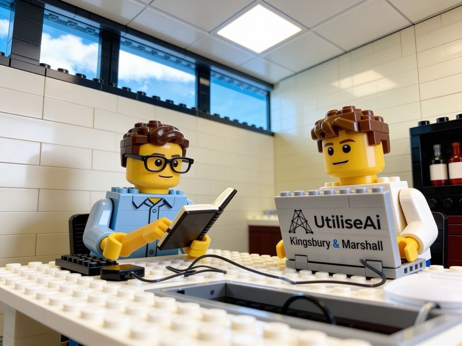 Sam and Oscar as Lego figures at their desks